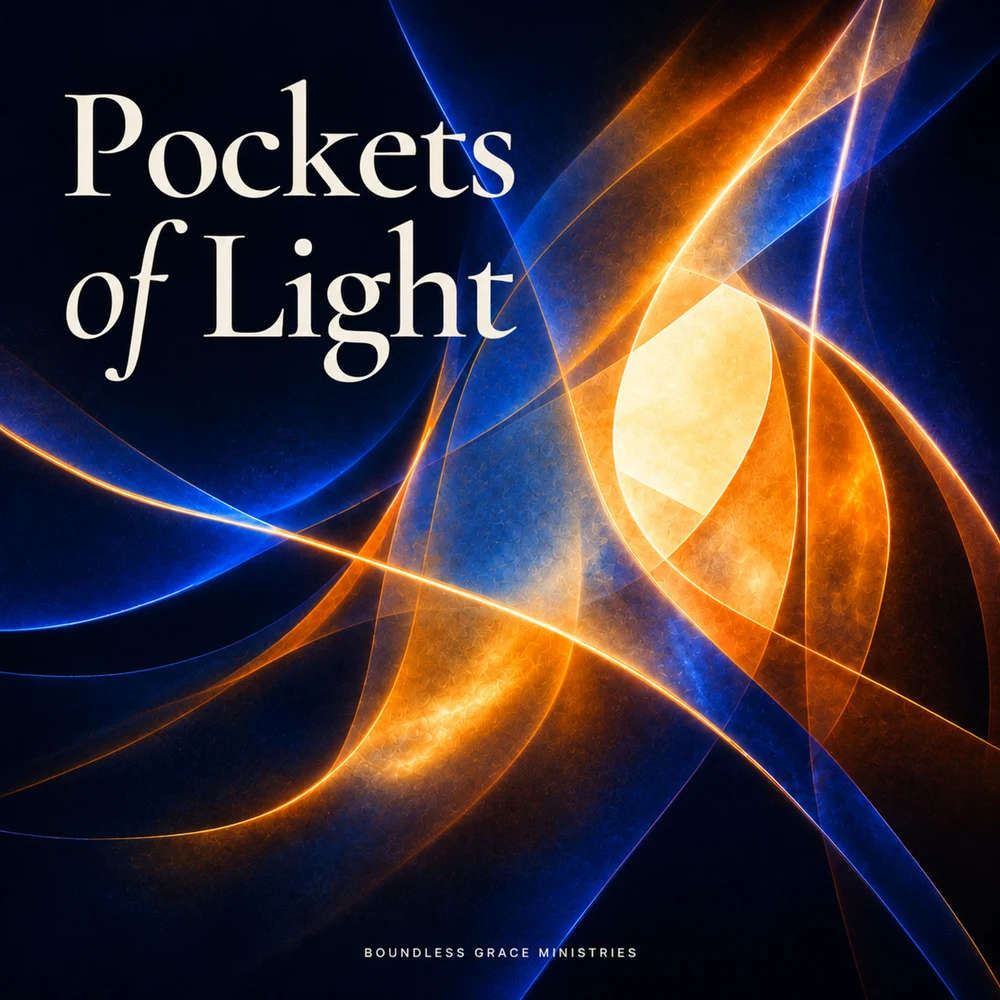 Pockets of Light album cover, with amber and blue ribbons of light on a midnight background